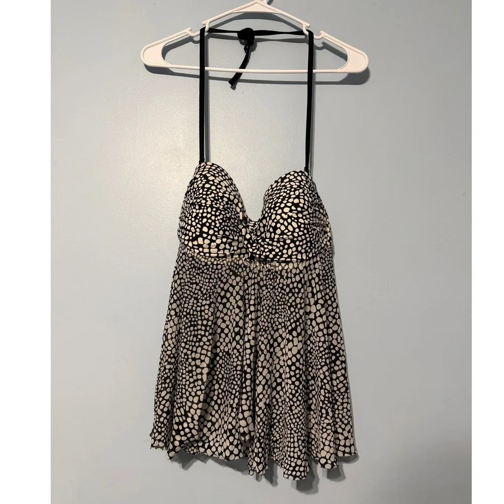 Merona Women's M Black White Pebble Print Tankini Swim Top Halter Underwire